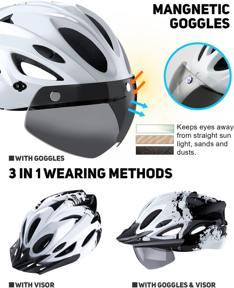 TADPOLE Bike Helmet with USB Rechargeable LED Light Detachable Goggles and Sun Visor, Mountain & Road Bicycle Helmets for Men Women Adult Cycling Helmets - Image 2
